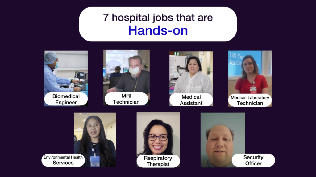 Graphic of seven hospital employees sharing their hands-on jobs.